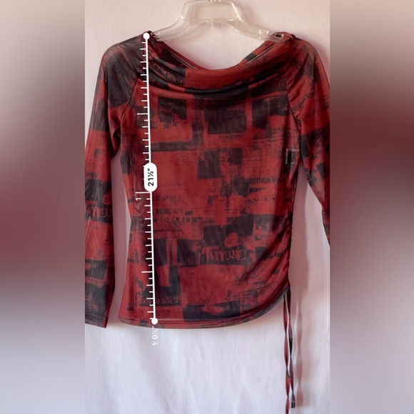 Crimson Red Newspaper Off Shoulder Mesh Top 🔲🖤🥀 - Picture 8 of 8